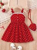 Toddler Girls Heart Graphic Lace Trim Button Pocket Princess Cami Dress With Bag For Party Kids Summer Clothes
