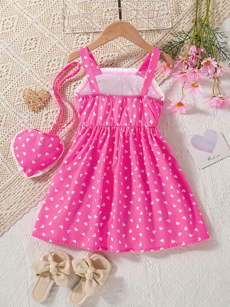 Toddler Girls Heart Graphic Lace Trim Button Pocket Princess Cami Dress With Bag For Party Kids Summer Clothes