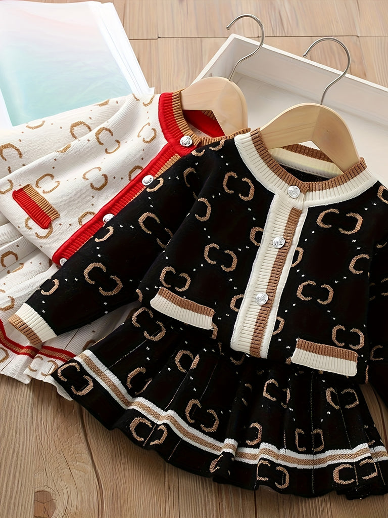 1 Set Adorable Girl's Contrast Knit Long-Sleeve Crew Neck Cardigan Coat + Matching Skirt - Soft, Comfy, and Versatile Winter & Fall Daily Casual Outfit for Girls, Perfect as a Gift