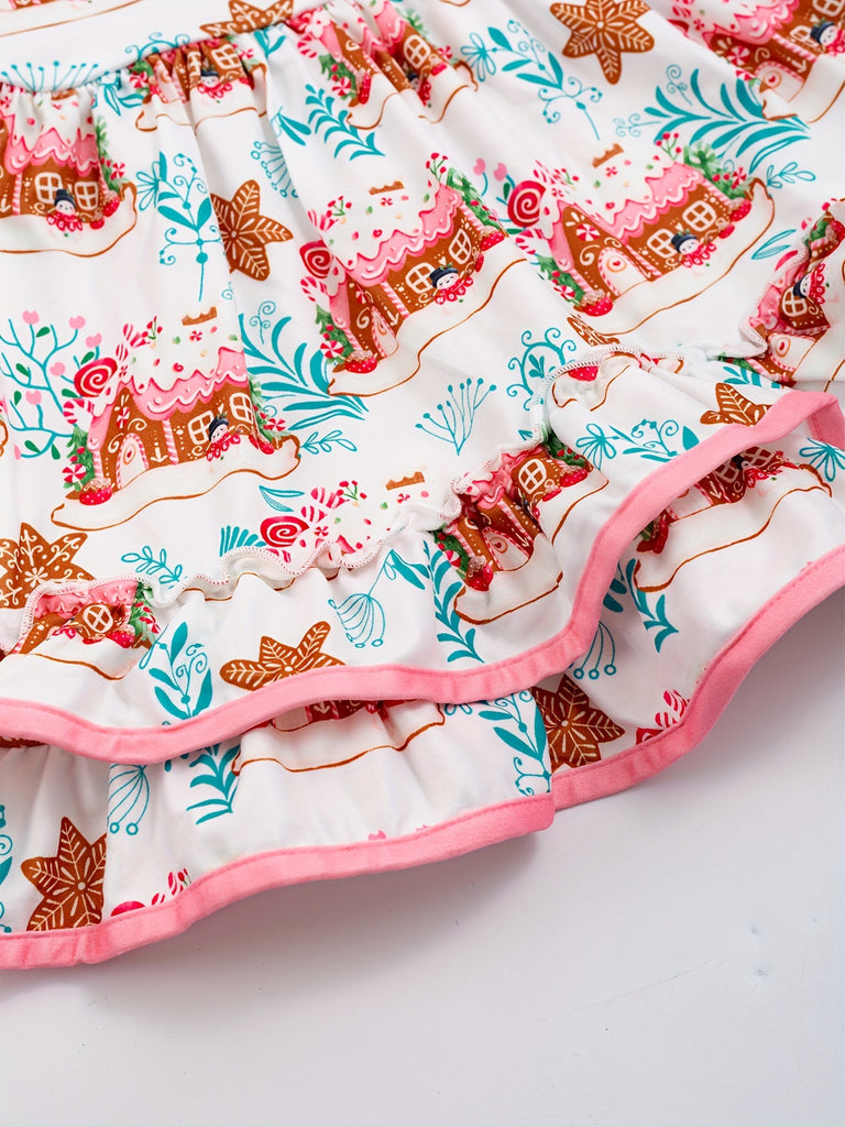 Sweet Candy Cabin In The Snow Graphic Long Sleeve Dress Spring Fall Girls Christmas Gift