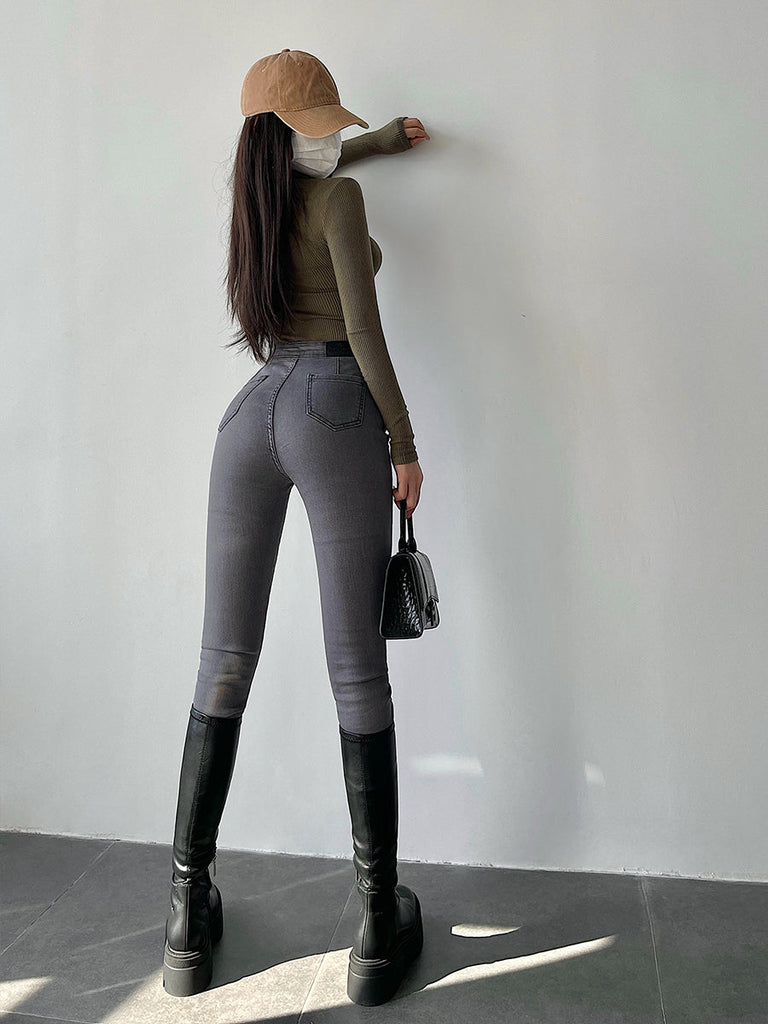 goosudu Galia Solid Color Denim High Waist Pencil Leg Skinny Jeans Pants