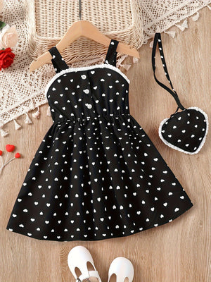Toddler Girls Heart Graphic Lace Trim Button Pocket Princess Cami Dress With Bag For Party Kids Summer Clothes