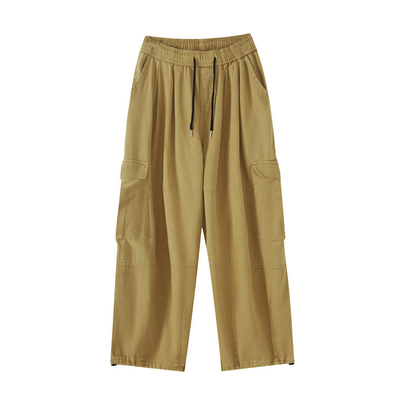 goosudu Shawn Solid Color Retro High Waist Straight Wide Leg Multi-Pocket Loose Casual Pants
