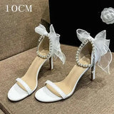 Summer New Round Head Sandals Pearl One Line Buckle White Bow High Heels Fairy Wind Female Wedding Shoes Kq8