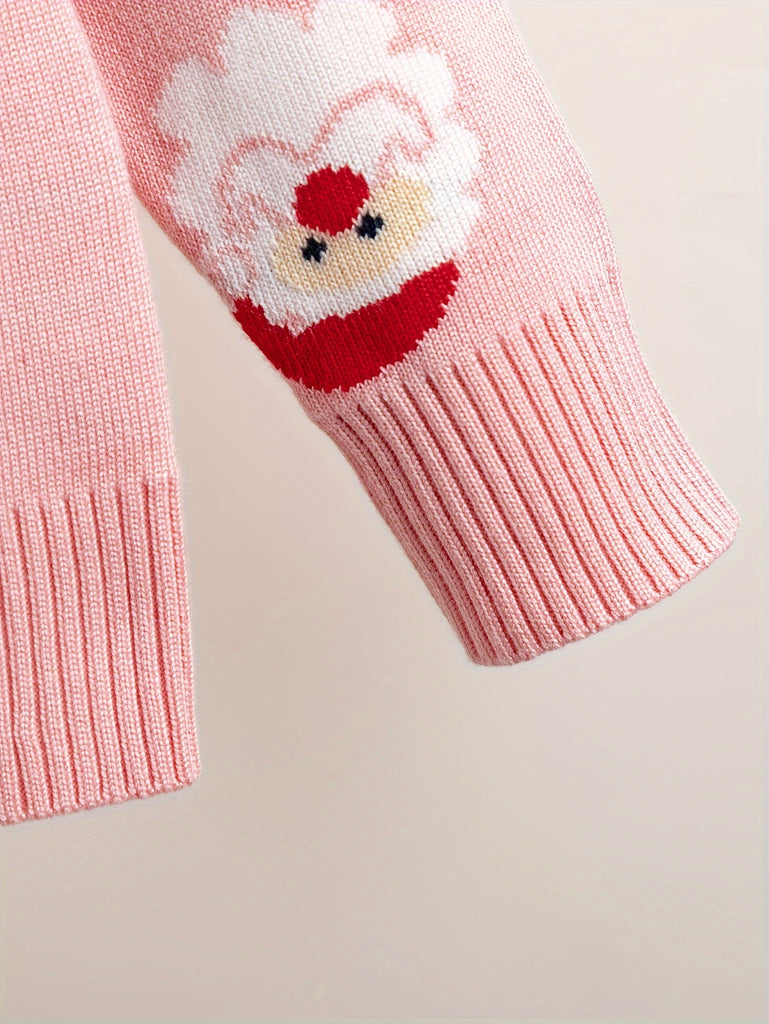Little Girl Cartoon Santa Jacquard Knitted Pullover Cute Sweater For Fall Winter