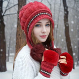 Winter Knit Beanie and Fingerless Gloves Set for Women, 100% Polyester Furry Hat with Ear Warmer - Elastic Yarn-Dyed Knitted Cap and Gloves Combo, Fashionable Cold Weather Accessories