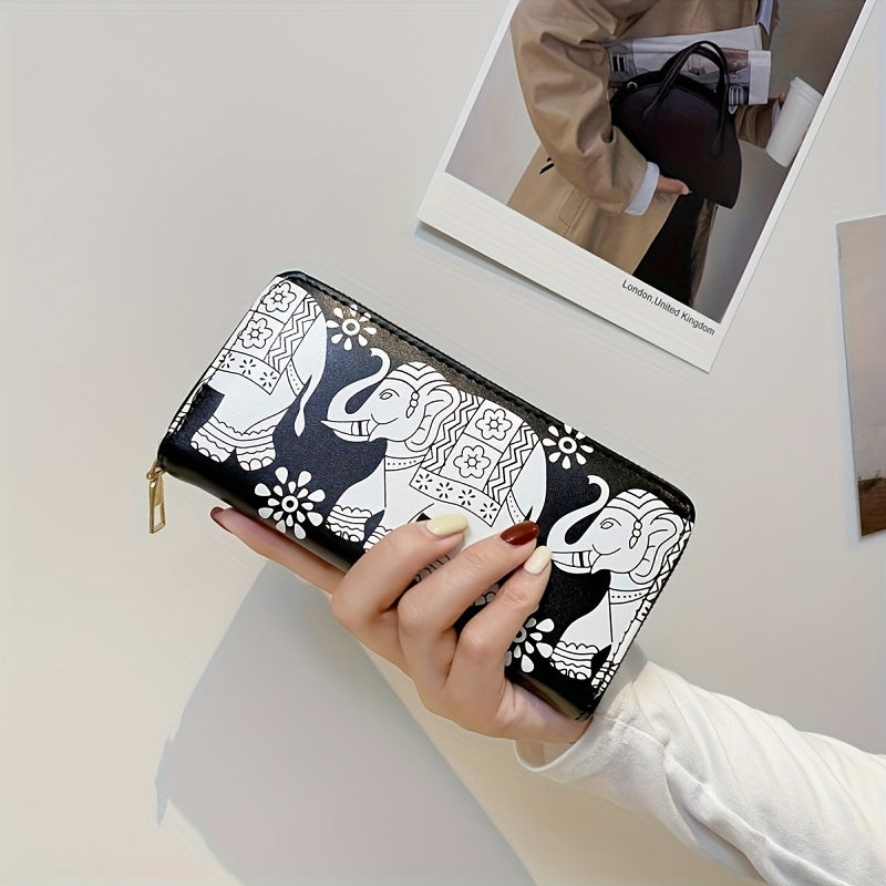 Vintage Elephant Print Long Zipper Wallet, Multifunctional Credit Card Purse For Women