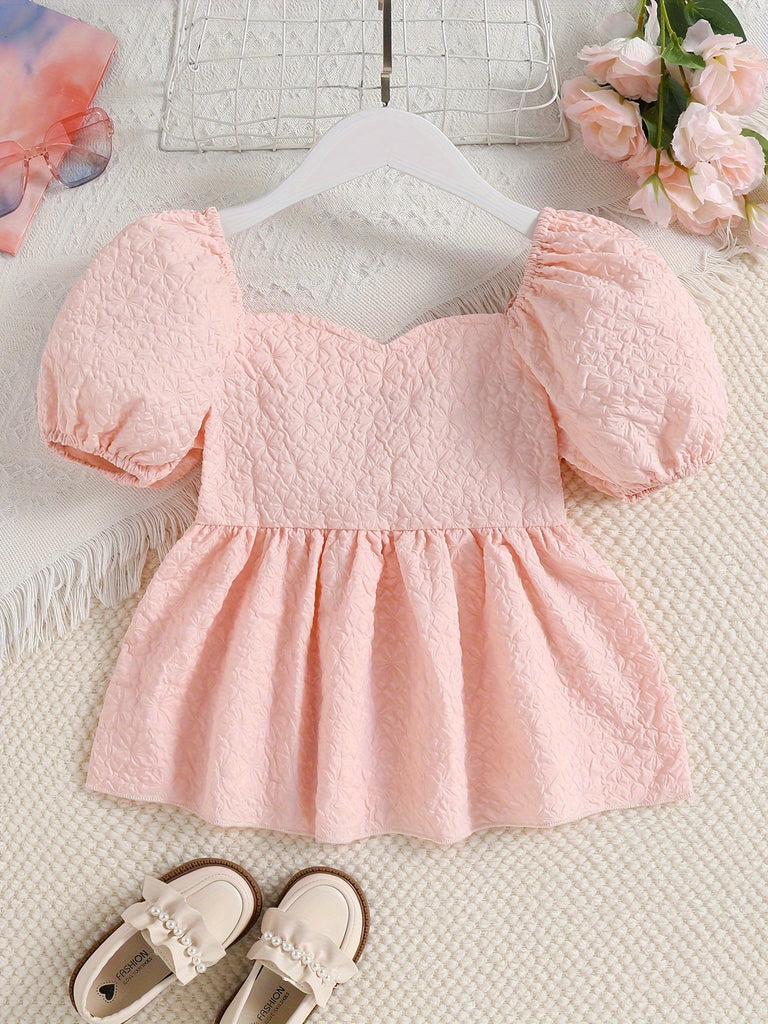 Short Sleeve Girls Elegant Sweetheart Neck Puff Sleeve Ruched Bust Peplum Blouse - Off the Shoulder, Non-Stretch Polyester, Machine Washable, Weekend Casual, Summer Wear