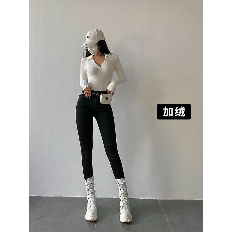 goosudu Galia Solid Color Denim High Waist Pencil Leg Skinny Jeans Pants