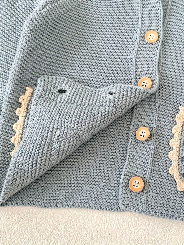 Cozy Autumn Baby Sweater Cardigan - Soft Round Neck, Versatile Hollowed Out Flower Pocket, Long Sleeve, Fashionable, and Adorable for Little Ones