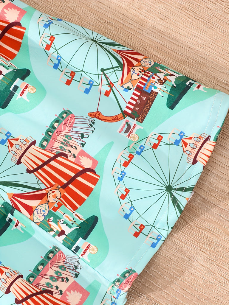 Girls Adorable Bowknot Ferris Wheel Print Flutter Sleeve Dress - Lightweight Summer Casual Outfit for Fun Outdoor Adventures