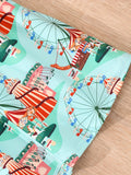Girls Adorable Bowknot Ferris Wheel Print Flutter Sleeve Dress - Lightweight Summer Casual Outfit for Fun Outdoor Adventures