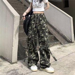 Goosudu Street Camouflage Print Patchwork Pocket Buttons Zipper Mid Waist Straight Denim Jeans