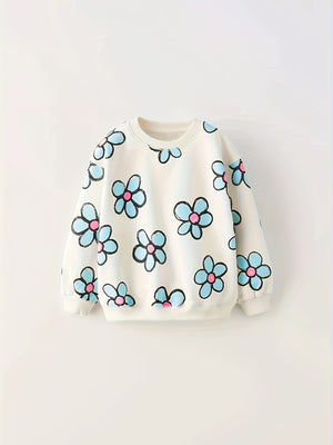 Girls' Spring/Fall Cotton Blend Floral Sweatshirt - Rib-Knit Crew Neck, Comfort Stretch & Vibrant Print