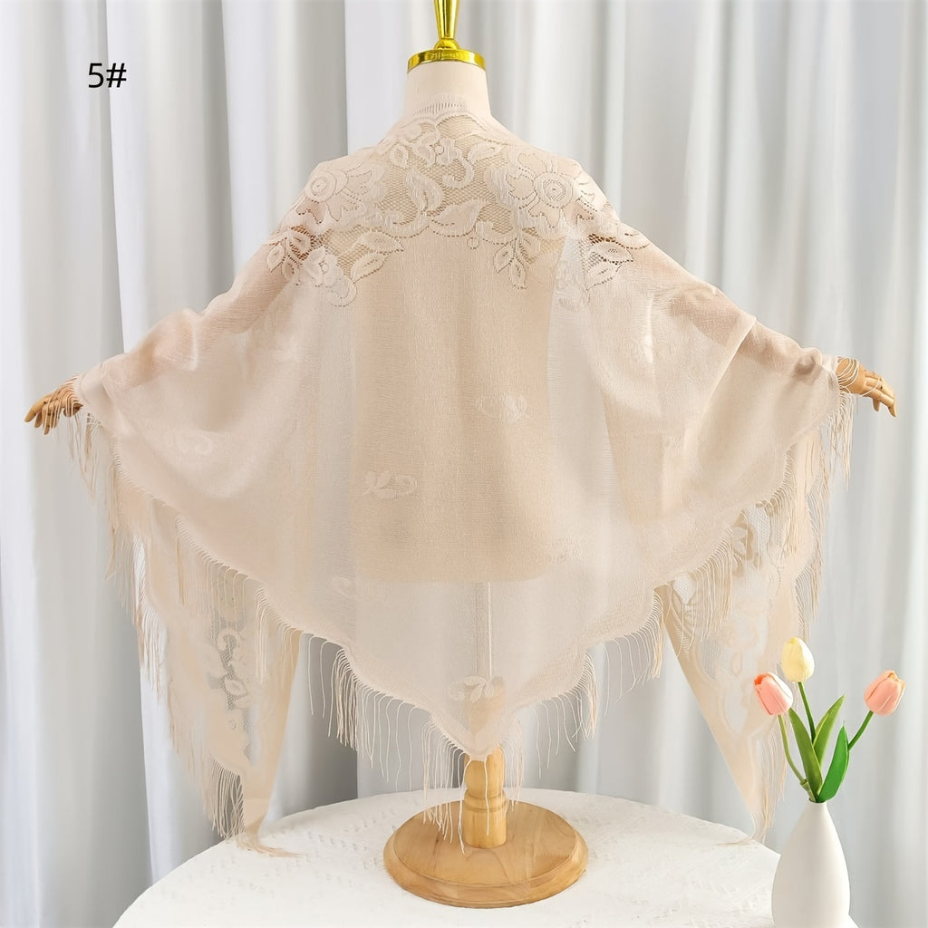 Stylish Triangle Shawl Scarf - Breathable, Lightweight, Monochrome Flower Lace Design, Tassel Trim, Elegant Sunscreen Head Wrap for Women - Perfect Accessory for Outdoor Activities