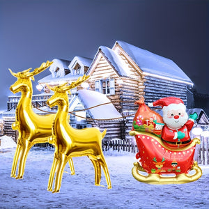 3Pcs Vibrant Reindeer & Santa Sleigh Balloon Set - Self-Sealing, Reusable, Mixed Color Foil Decorations for New Year & Christmas Celebrations, Perfect for Indoor Festivities, Ages 14+ and Up
