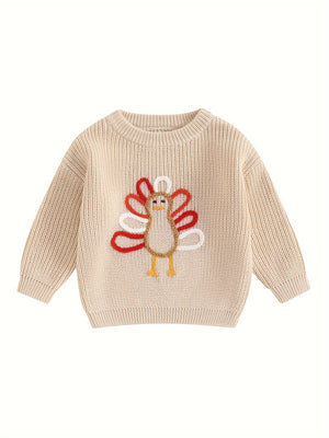 Toddler Baby Boy Girl Thanksgiving Outfits Long Sleeve Turkey Print Crewneck Knit Pullover Sweater Fall Winter Warm Clothes