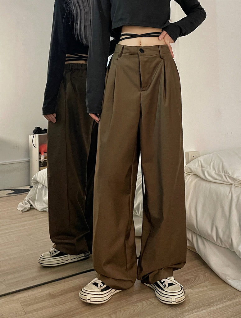 goosudu Shelly Solid Color Retro Drape High Waist Straight Loose Casual Suit Pants