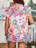 Plus Size Elegant Floral Print High Neck Shirting Blouse - Non-Stretch Polyester Fabric, Casual Flutter Sleeve, Random Printing, Perfect for Summer - Womens Comfortable and Stylish Clothing for Spring and Summer Seasons