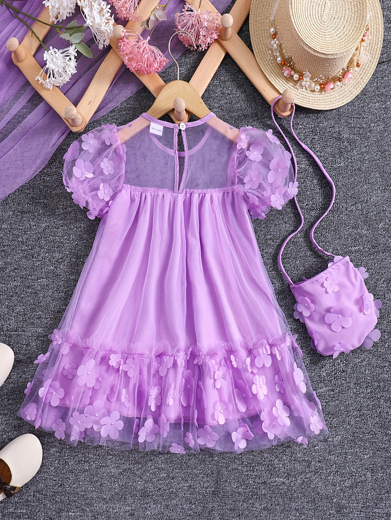 Fairy Tale Bloom - Girls Delightful Floral Tutu Dress with Puffy Sleeves & Matching Purse - A Dreamy Summer Party or Holiday Gift for Little Princesses