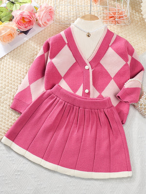 2PCS Elegant Argyle Pattern Long Sleeve Cardigan + Pleated Skirt Set for Girls - Soft Medium Stretch Acrylic Fabric, V-Neck, Regular Fit, Color Block Details - Perfect for Spring and Fall Season Gift