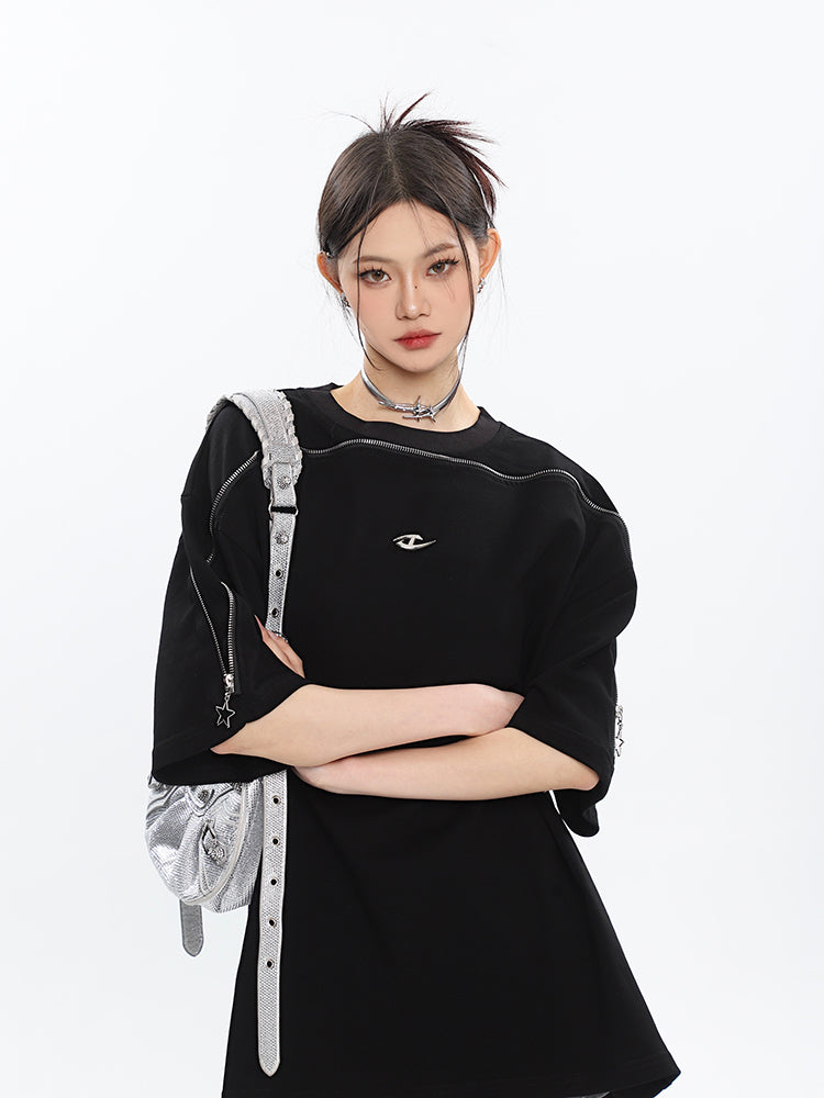 goosudu Finley Solid Color Design Sense Metal Zipper Loose Short Sleeve T-Shirt Top