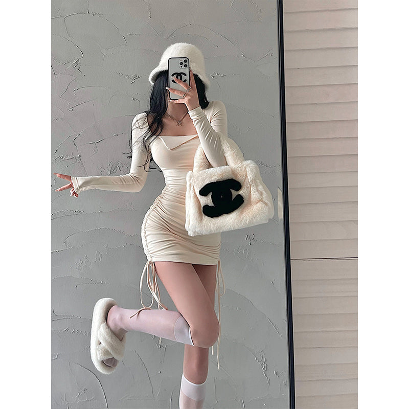 goosudu Mai Solid Color Long Sleeve Square Neck Lapel Drawstring Pleated Slim Mini Dress