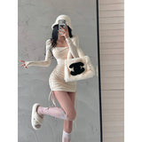 goosudu Mai Solid Color Long Sleeve Square Neck Lapel Drawstring Pleated Slim Mini Dress
