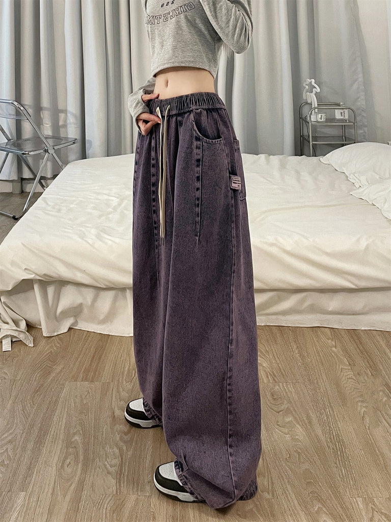 goosudu Joanne Solid Color Denim Retro Streetwear Straight Wide Leg High Waist Jeans Pants