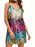 Vibrant Sequined Color Block Cami Dress - Sleeveless V-Neck Mini Party Dress with Cross Back Detail - Polyester Knit Fabric, No Elasticity, Solid Color, Sexy and Chic for Womens Night Out