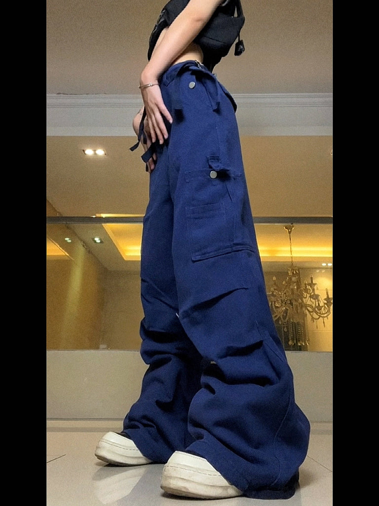 goosudu Kenny Solid Color Multi-Pocket High Waist Straight Wide Leg Cargo Pants