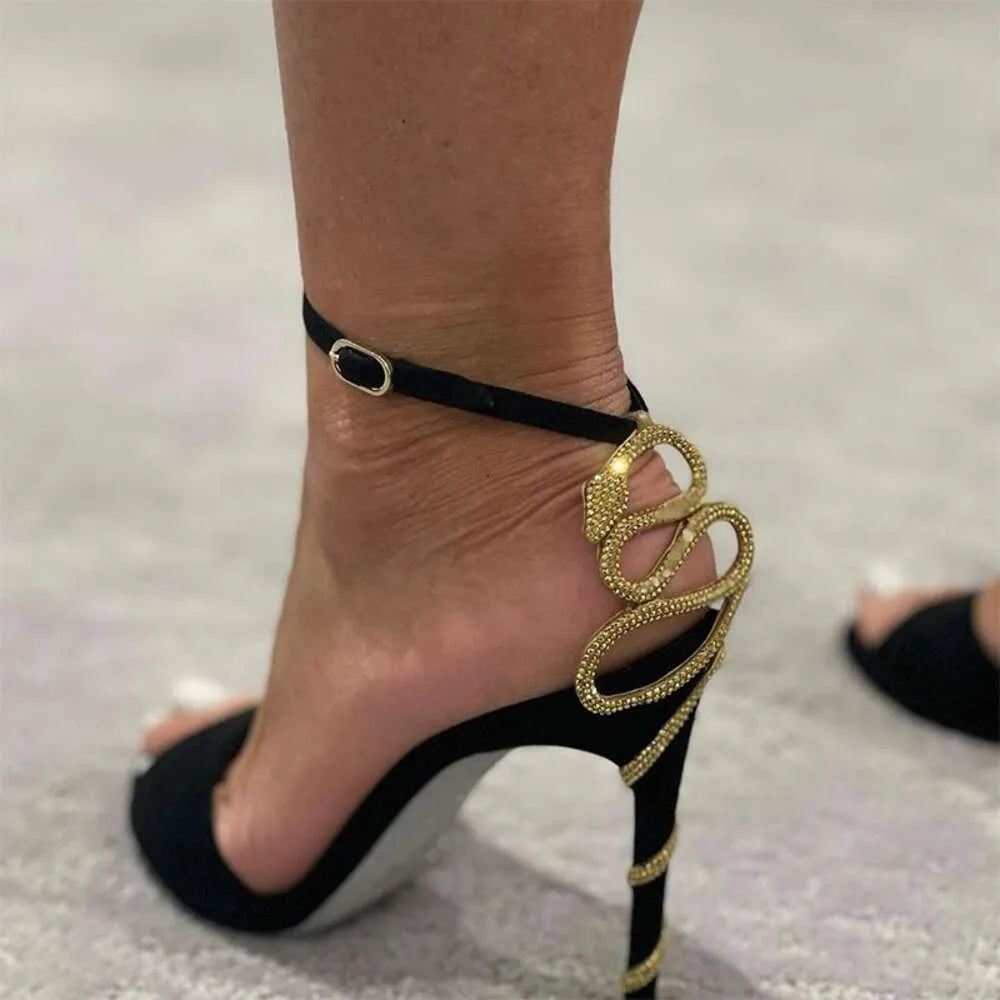 Serpentine Wrapped Black Stiletto Heels  Summer New Sexy Socialite Open Round Toe Sandals Women Kq8