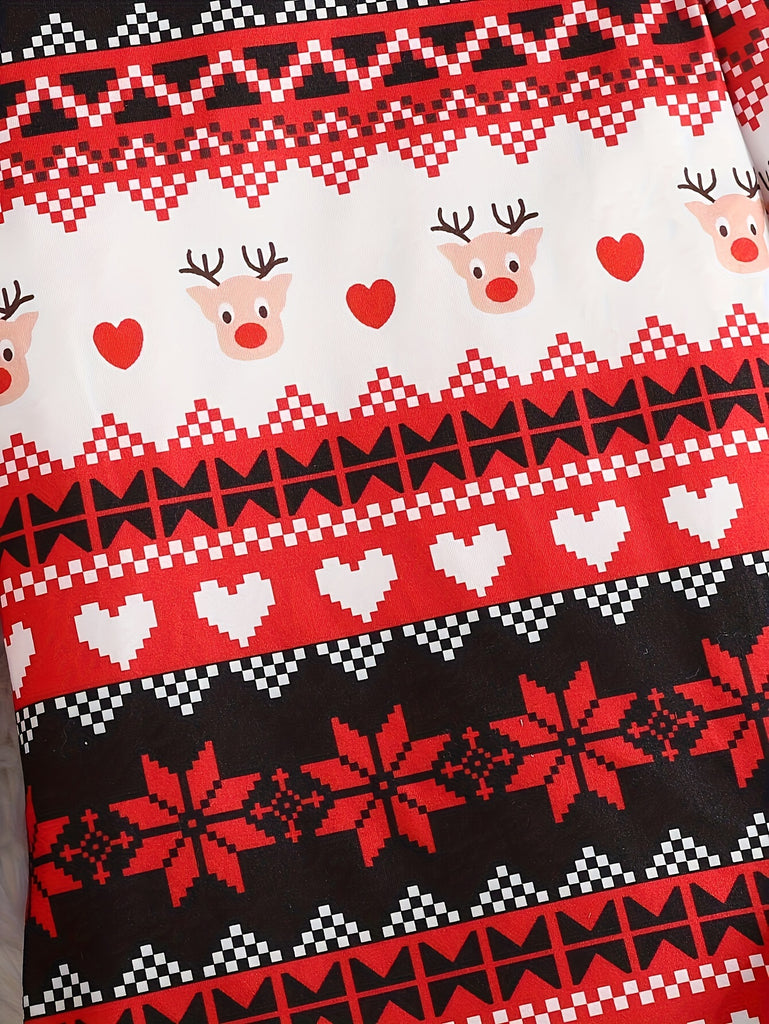 Girls Christmas Style Reindeer & Snowflake Stripe Pattern Mock Neck Long Sleeve Dress, Suitable For Christmas And New Year Outdoor Wear
