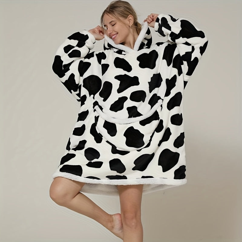 Women's Oversized Fleece Shawl with Hood, Cozy Sherpa Blanket Sweatshirt, Solid Blue, Scandinavian Style, Knitted, Soft Warm, Large Pocket, Perfect Winter Gift for Girlfriend & Mom, Machine Washable