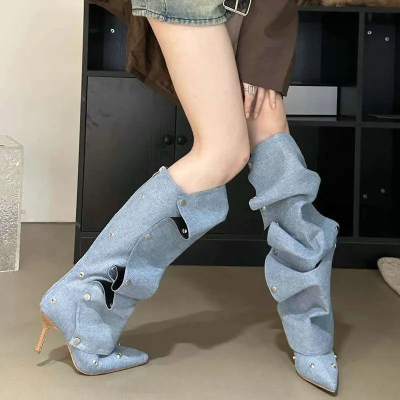 Two Wear Stiletto Heels Denim Pleated Pile Female Spice Fashion Boots Kq8