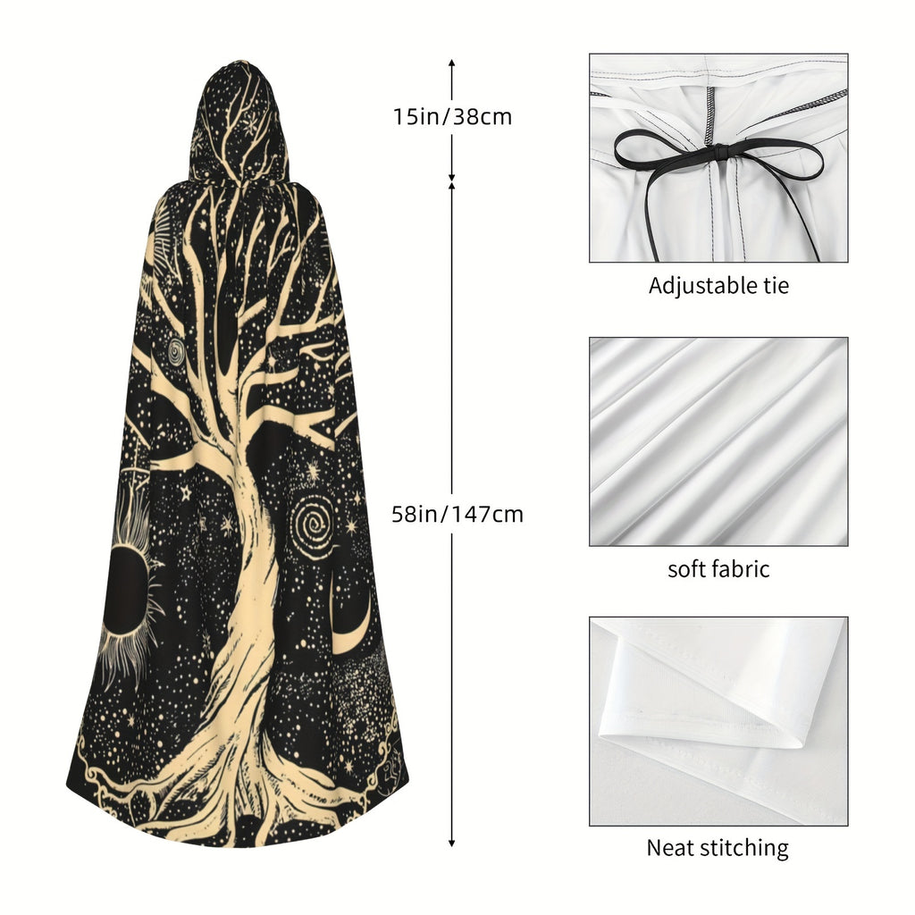 Unisex Viking-Inspired Hooded Cloak-Tree of Life & Celestial Design-Soft Shawl for Cosplay & Parties, 58*60inch, 1pc