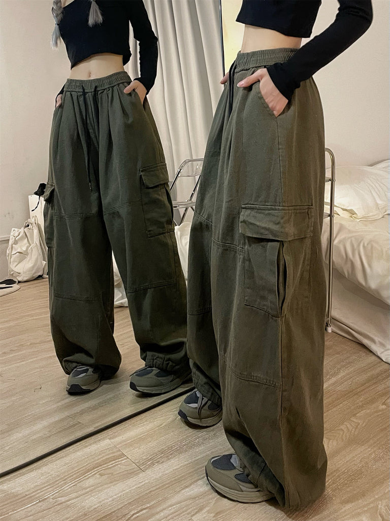 goosudu Shawn Solid Color Retro High Waist Straight Wide Leg Multi-Pocket Loose Casual Pants