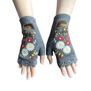 Winter Warmth Fingerless Tribal Embroidered Gloves - Soft Acrylic Knit, Fleece Lined, Elastic, and Hook Up Design for Going Out - Handcrafted with Love