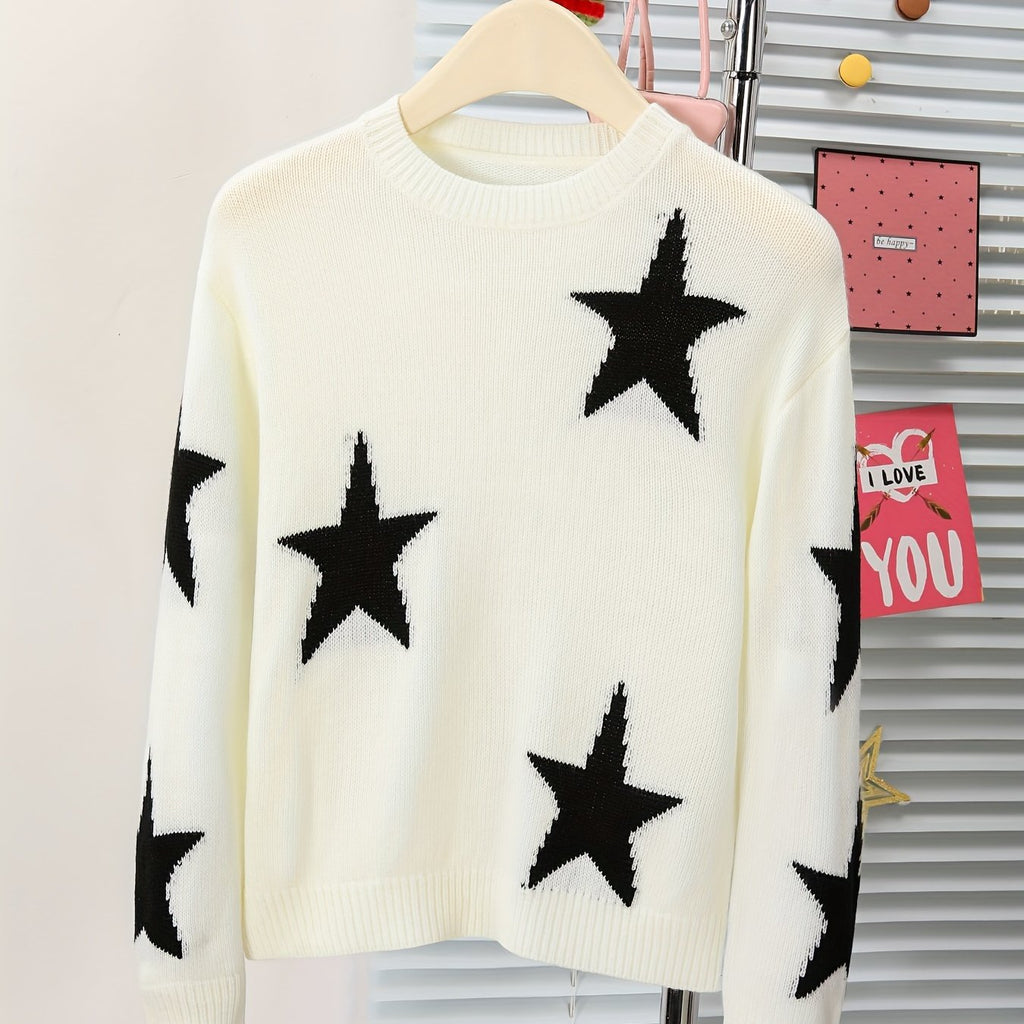 1pc Cozy Stars Pattern Crew Neck Sweater for Girls - Soft Casual Knit Pullover Jumper Top for Winter Fall Season - Girls' Warm and Comfortable Clothing for School Daily Wear