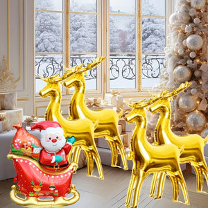 3Pcs Vibrant Reindeer & Santa Sleigh Balloon Set - Self-Sealing, Reusable, Mixed Color Foil Decorations for New Year & Christmas Celebrations, Perfect for Indoor Festivities, Ages 14+ and Up