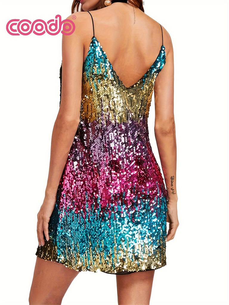 Vibrant Sequined Color Block Cami Dress - Sleeveless V-Neck Mini Party Dress with Cross Back Detail - Polyester Knit Fabric, No Elasticity, Solid Color, Sexy and Chic for Womens Night Out