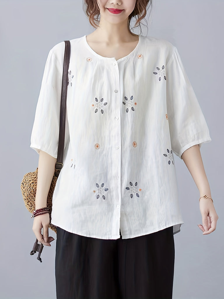 Plus Size Elegant Floral Embroidery Crew Neck Short Sleeve Blouse - Soft Slight Stretch Polyester Fabric, Weekend Casual Summer Shirting for Oversized Women - Positioning Printing, Placket Closure, and Woven Weaving Method