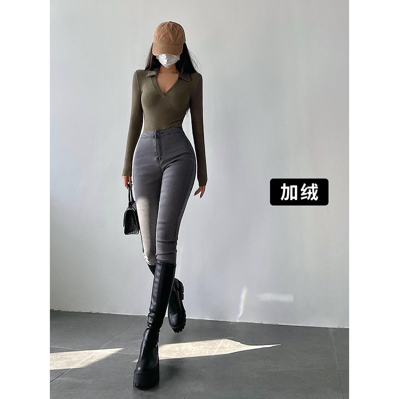 goosudu Galia Solid Color Denim High Waist Pencil Leg Skinny Jeans Pants