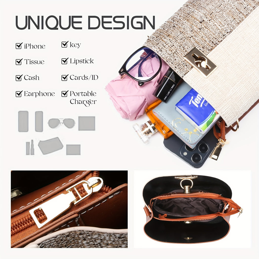 Stylish PU Leather Crossbody Bucket Bag - Adjustable Shoulder Strap, Multiple Pockets, Geometric Pattern, Polyester Lining, Buckle Closure, Edge Painted - Perfect for Womens Occasional Use