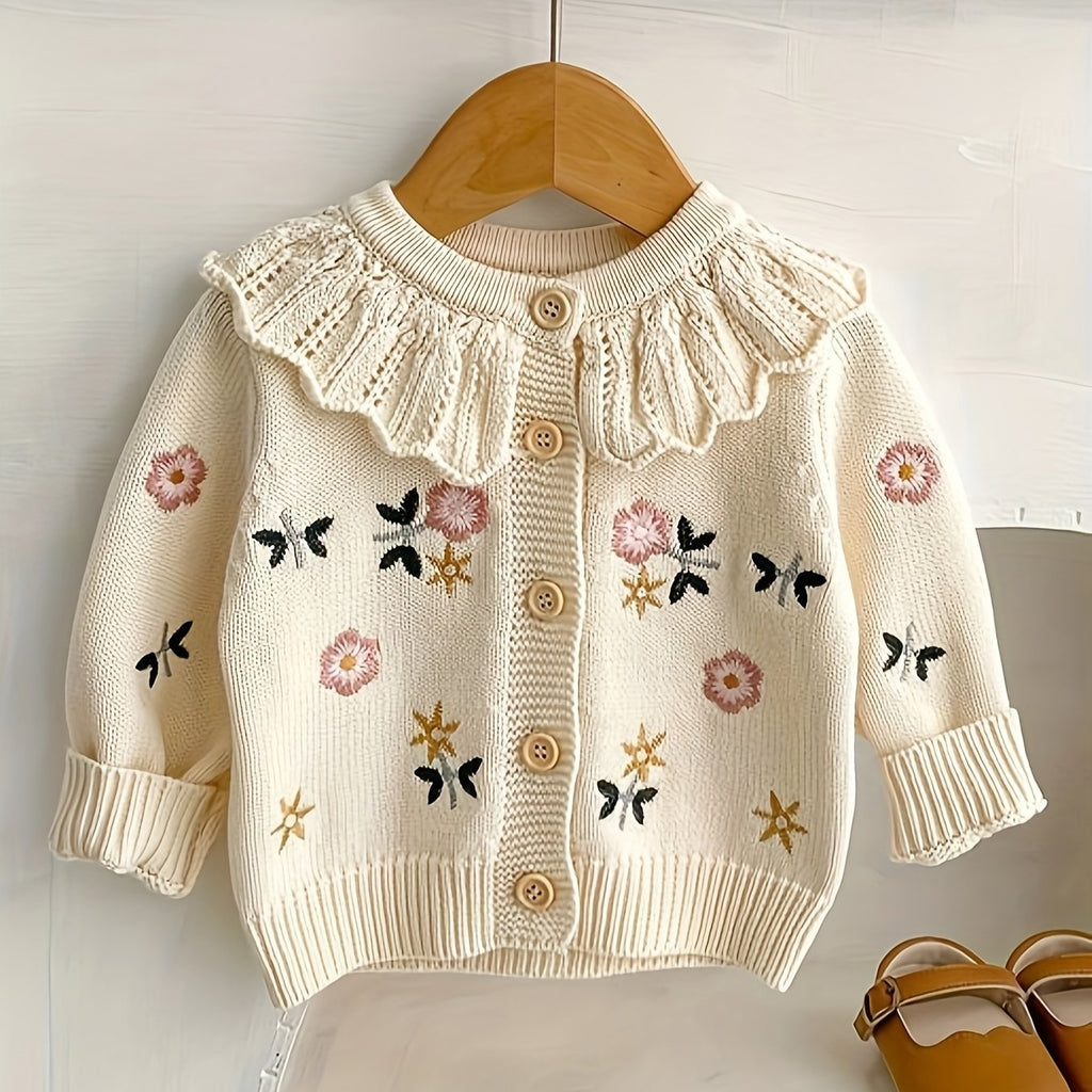 Spring And Autumn New Floral Embroidery Ruffle Collar Kids Knitted Sweater Top, Cotton Long-sleeved Baby Girl Cardigan Coat