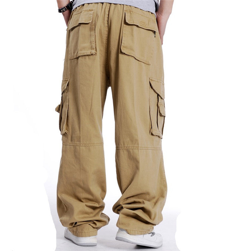 GOOSUDU Spring and Autumn Men's Multi-Pocket Trousers Fat Men's Casual Fat Rayon Overalls plus-Sized plus Size Wide Leg Elastic Waist Loose Long Pants