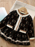 1 Set Adorable Girl's Contrast Knit Long-Sleeve Crew Neck Cardigan Coat + Matching Skirt - Soft, Comfy, and Versatile Winter & Fall Daily Casual Outfit for Girls, Perfect as a Gift