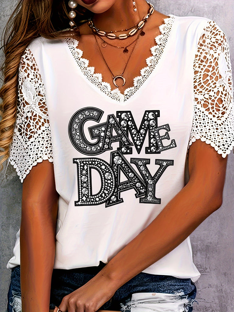 Chic Plus Size Lace V-Neck T-Shirt With Letter Print - Casual, Stretchy & Breathable For Women - Perfect For Summer Blouses For Women Summer Clothes For Women