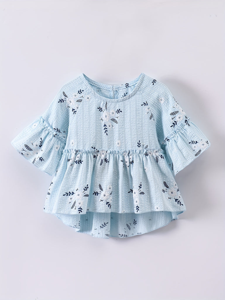 Girls Sweet Floral Print Petal Sleeve Crew Neck Blouse - Short Length, Half Sleeve, Flared Hem, Ditsy Floral Pattern, Non-Stretch Polyester, Pullovers, Regular Fit - Perfect for Weekend Casual Spring/Summer Outings