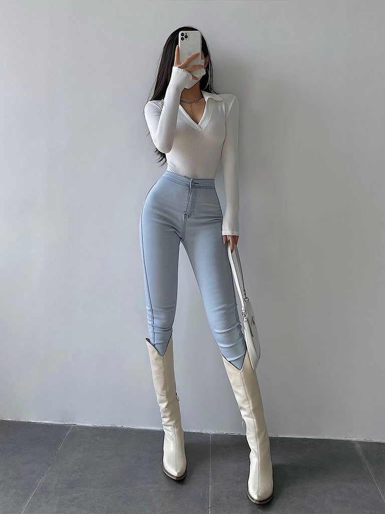 goosudu Galia Solid Color Denim High Waist Pencil Leg Skinny Jeans Pants